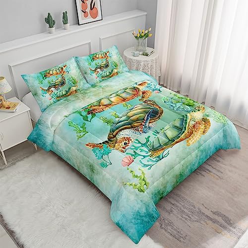 Datura Home Sea Turtle Comforter Bedding Set For Kids Teens Adults,Watercolor Sea Turtle Light-Green And Blue Coral Seaweed Ocean Themed Comforter With 2 Pillowcases(Turtle Queen) #TOP1