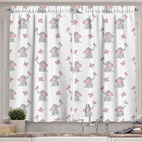 Image of Ambesonne Elephant Nursery Long Kitchen Curtains, Baby Elephants Playing with Butterflies Design Pattern, Two Panels Drapes with Rod Pocket Room Decor, 55" x 45", Grey Pink