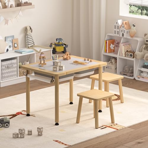 Image of BRINJOY Sensory Table for Toddlers, Kids Activity Desk with 2 Stools & Storage Bins, 3 in 1 Wood Sand and Water Table with Colored Pens & Animal Toys & DIY Tunnels for Indoor Outdoor Gifts