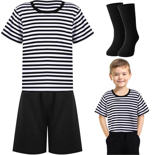JcHrmers Halloween Costumes Black and White Striped Shirt Black Short and Tube Socks (Small (3-4yr))