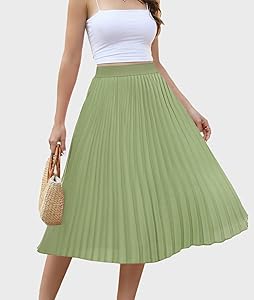 Women's Midi Skirt Elastic High Waist Pleated Skirt Knee Length Swing A-Line Casual Flowy Skirts 2025