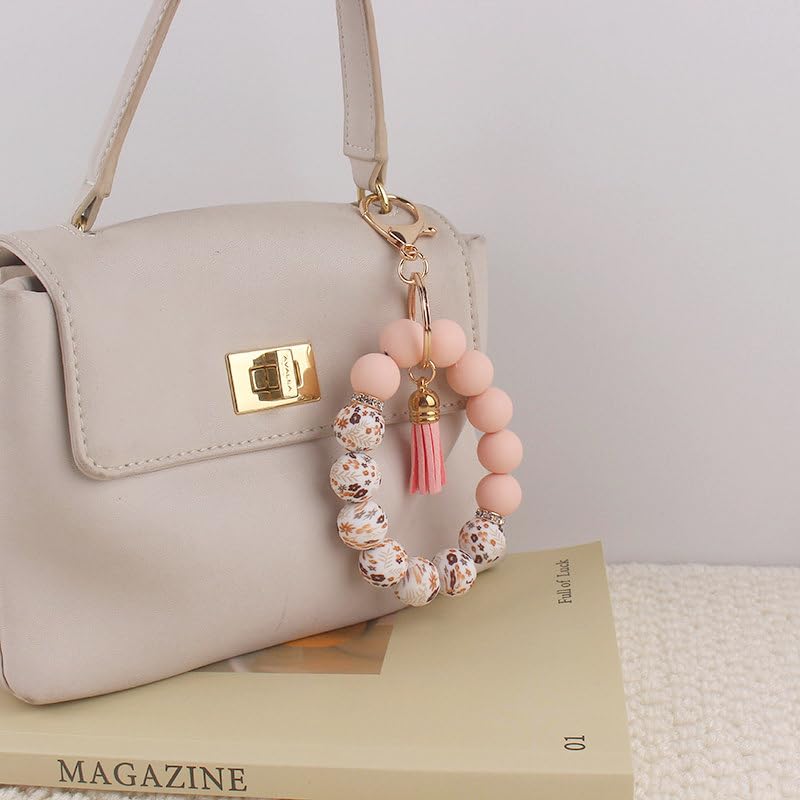 Image of Silicone Beaded Bracelet Keychain Wristlet Cute Car Key Chain Holder Wallet Bag Charm Accessory