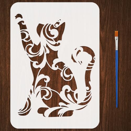 FINGERINSPIRE Floral Cat Pattern Painting Stencils with Brush 8.3x11.7inch Plastic PET Plant Brocade Cat Pattern Drawing Template Hollowed Animal Theme Stencil for Painting on Wood Fabric Canvas