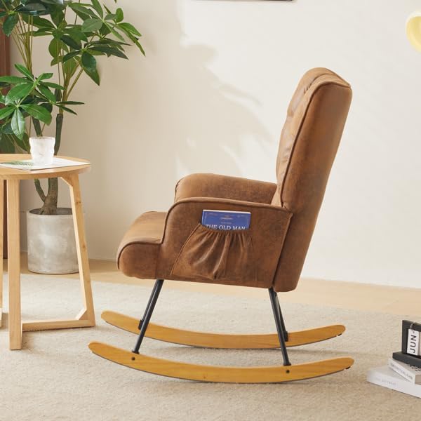 Rocking Chair Nursery, Rocking Chair Glider with High Backrest, Stylish Modern Rocking Accent Chair Glider Recliner for Living Room Nursery Bedroom, Brown