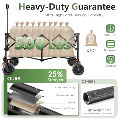 Image of 46 inch L Collapsible Foldable Extended Wagon, 500LB Weight Capacity with 280L Heavy Duty Folding Cart,Utility Wagon with All-Terrain Beach Wheel & Drink Holders,Gray