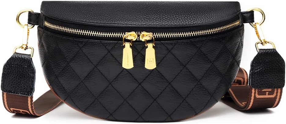 YIGEBAGCowhide Leather Ladies Crossbody Bags Wide Shoulder Strap Rhombus Money Hip Pouch Zipper Solid Simple for Lady Girls