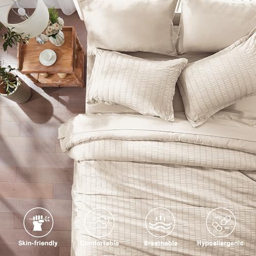 Image of Zzlpp Beige Queen Comforter Set 7 Pieces, Seersucker Bed in a Bag for Bedroom, All Season Bedding Sets with 1 Comforter, 2 Pillow Shams, 2 Pillowcases, 1 Flat Sheet, 1 Fitted Sheet
