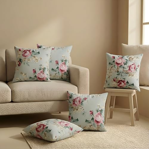 Image of Clasiko Cotton Cushion Covers 20x20 - Set of 5 Decorative Cushion Covers, Vintage Rose, Soft Cotton, Hidden Zip, Sofa & Bedroom Decor
