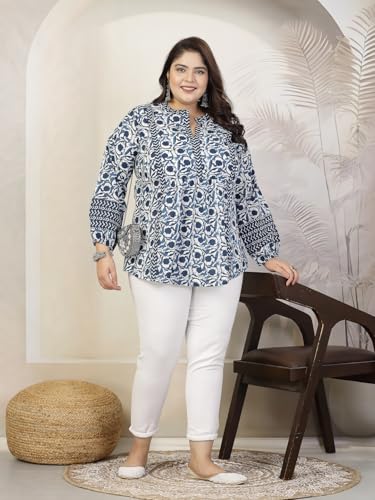 Image of Stylum Women's Plus Size Blue Floral Printed Pure Cotton Top | Plus Size Tops for Women Short Kurti