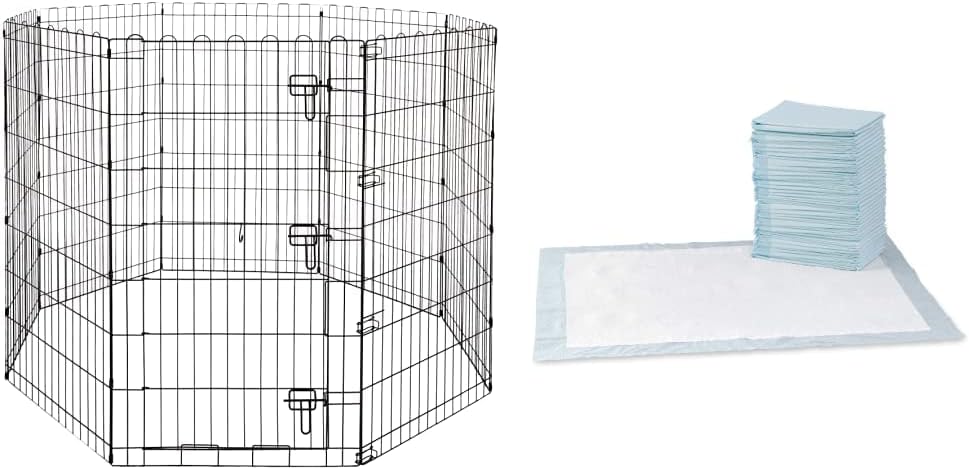 AmazonBasics Foldable Metal Pet Dog Exercise Fence Pen with Gate - 60 x 60 x 42 Inches and AmazonBasics Pet Training Pads Extra-Large - 40-Count