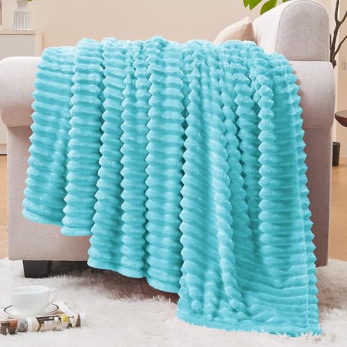 Image of BEDELITE Fleece Throw Blanket for Couch - 3D Ribbed Jacquard Soft and Warm Decorative Fuzzy Blanket - Cozy, Fluffy, Plush Lightweight Light Blue Throw Blankets for Bed, Sofa, 50x60 inches