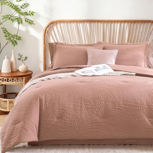 Image of King Size Comforter Set- 7 Pieces Dusty Pink Bed in a Bag King Bedding Sets | All Season Soft Botanical Textured Comforter Bed set with Sheets, Pillowcases & Shams