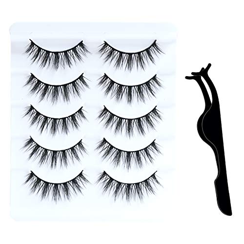 5D False Eyelashes Natural, Cross Fluffy Soft Supernatural Lashes Wispies, Reusable Short Eyelashes With Glue, 5 Pairs of Eyelashes And 1 Tweezers (W73)