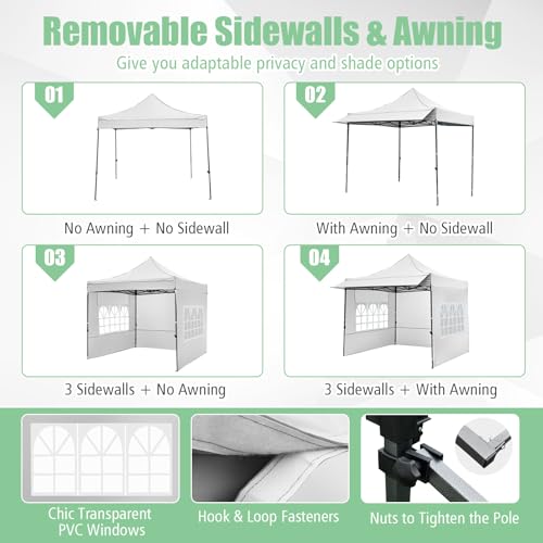 Image of Tangkula 10x10 FT Pop Up Canopy, Outdoor Tent with 3 Sidewalls & Awning, Wheeled Bag, 4 Sandbags, 8 Stake, 4 Ropes, Portable Canopy Tent for Party Picnic Event Beach Camping (White)