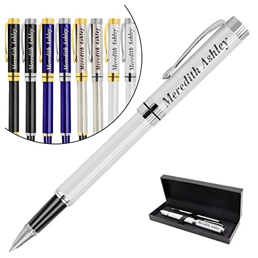 Graverad penna personlig, personlig penna med ditt namn eller meddelande, påfyllningsbar medium påfyllning, personliga presenter för män eller kvinnor (svart bläck) WhiteSilver