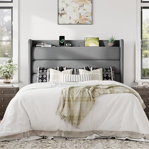 Image of Allewie Queen Size Upholstered Bed Frame with Charging Station, Grey