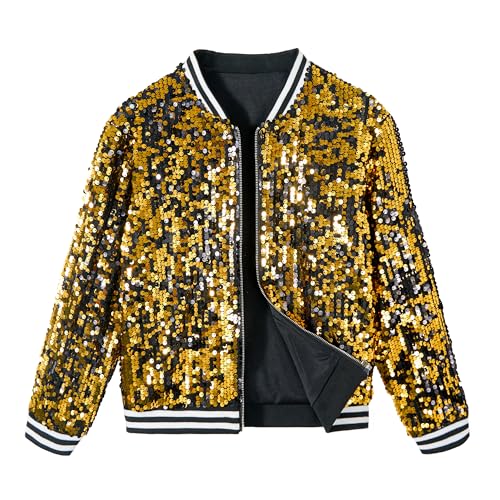 Image of LOLANTA Girls Sequin Jacket, Long Sleeve Kids Bomber Coats with Pockets, Spring Fall Outfits for 4-15 Years