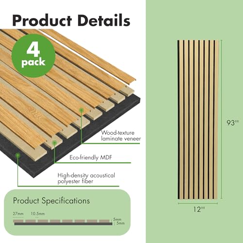 Image of Art3d 12 inch x 93 inch Acoustic Wood Slat Wall Panel, 4pcs, 31 sq.ft, Oak