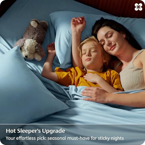 Image of Bedsure Queen Sheet Set, Rayon Derived from Bamboo, Cooling Sheets, PureWoven, Breathable & Soft, Deep Pocket Up to 16 Inches, Hotel Luxury Silky Bedding for Hot Sleepers, Aqua