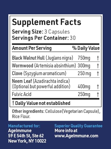 Image of AgeImmune ImmuneG.I. Wormwood Black Walnut Hull 750mg Clove Neem Fulvic Acid | Intestinal Cleanse Formula | Doctor Formulated to Support Gut Health & Detox - No Stearates, No Dioxides - 90 Capsules