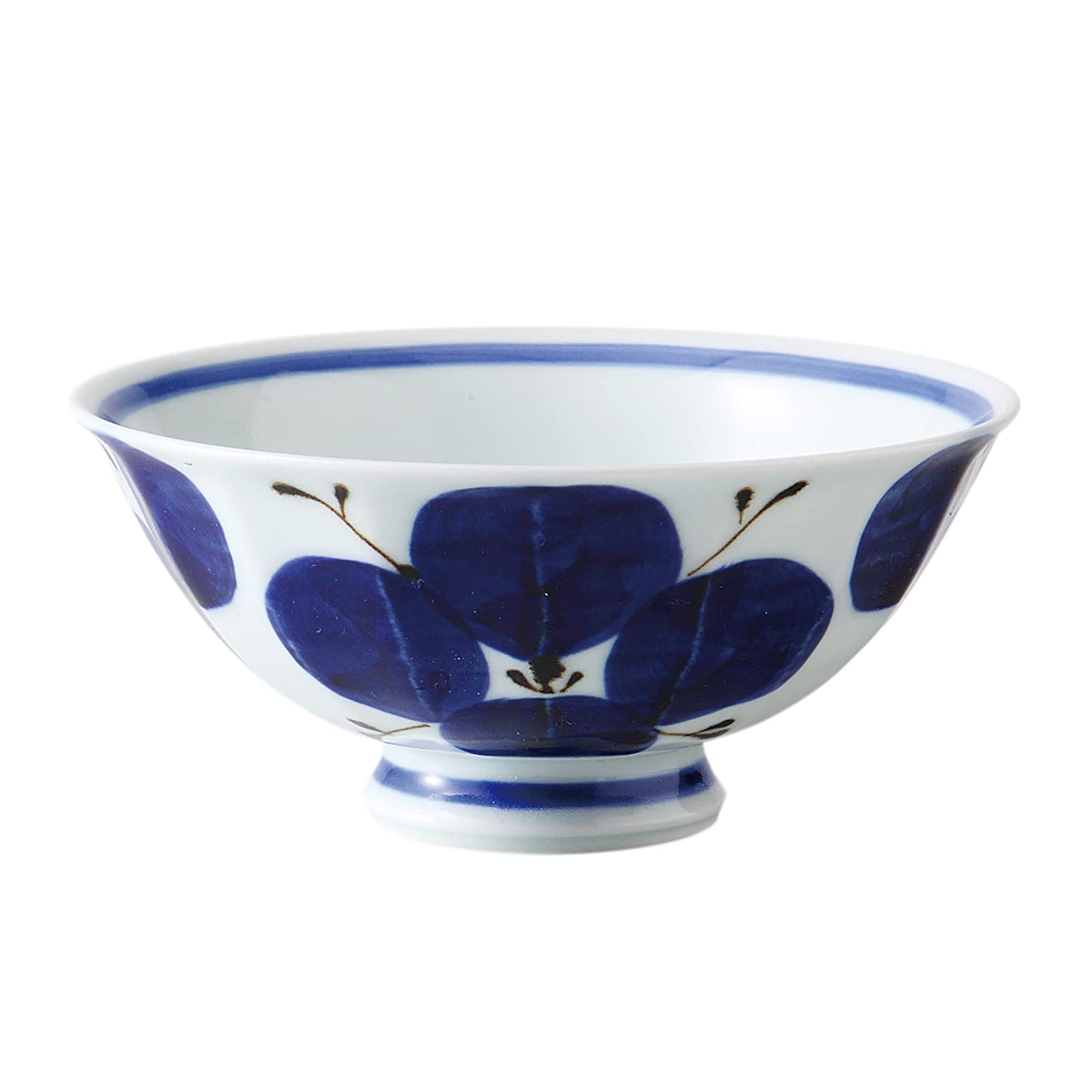 西海陶器(Saikaitoki) Saikai Pottery 74015 Hasami Ware Lightweight Rice Bowl, Large, Four Sides Flower Painting, Blue, Made in Japan