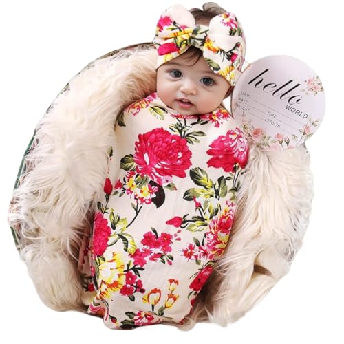 Image of Galabloomer Newborn Receiving Blanket Headband Set Flower Print Baby Swaddle Blankets (ivory flower)