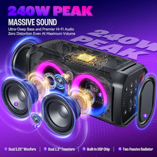 W-KING 240W Bluetooth Speaker, Loud Boombox with Deep Bass Subwoofers, IPX6 Waterproof, Party Portable Speaker with RGB Lights, 24H Playtime, Mic & Guitar Input, Echo, EQ, TF,AUX for Outdoor&Backyard