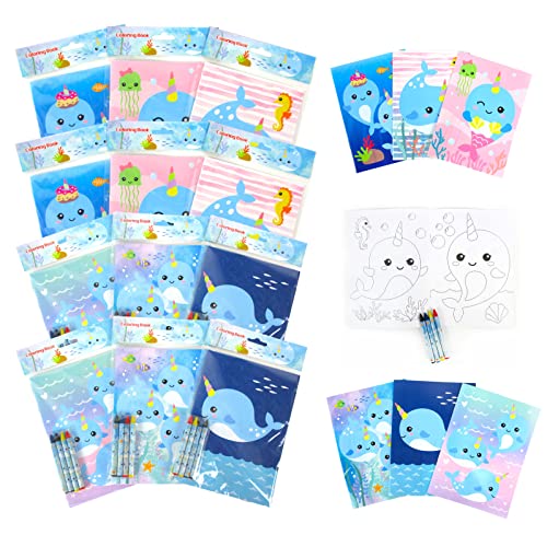 TINYMILLS Narwhals Coloring Book and Crayon Set for Kids Party Favors with 12 Coloring Books and 48 Crayons for Birthday Party Supplies, Narwhal Themed Favor Bag Filler