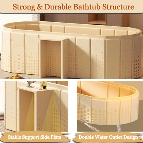 Image of Portable Ice Bath Tub for Adults Foldable Bathtub Spa, Thick Insulated Soaking BathTub with Drain, Home Bathroom Large Ice Bath Tub & Hot Spa Bath Relaxation (Beige with Soap Stand)