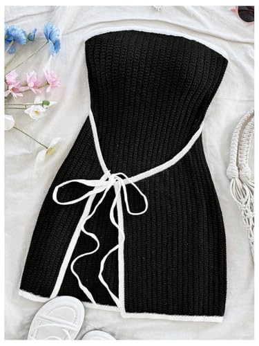 Image of MakeMeChic Women's Knitted Strapless Sweater Dress | Wrap Tie Front, Party, Mini, Tube