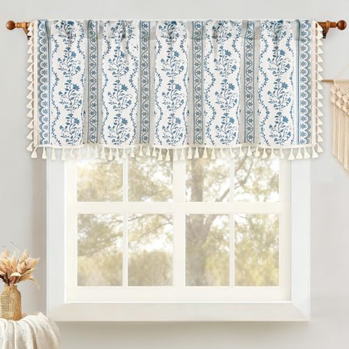 Image of Yinhua 2 Pack Boho Valance Curtains Vintage Linen Kitchen Valances for Windows Light Filtering Bohemian Floral Valance Rod Pocket Tassel Window Valances for Bathroom Cafe, 52 inch W X 18 inch L, White Blue