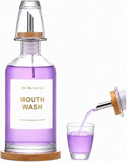11.8 oz Glass Mouthwash Dispenser for Bathroom, Refillable Mouthwash Container with Glass Cup, Bamboo Tray, Stainless Steel & Bamboo Nozzle, Bathroom Decor, Clear