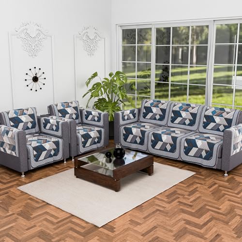 Image of Kuber Industries Set of 16 Velvet Anti-Skid Sofa Cover 5-Seater with Arm Cover | Comfortable Slipcover Sofa Cloth & Furniture Protector for Home Decor | Triangular-Grey & Blue