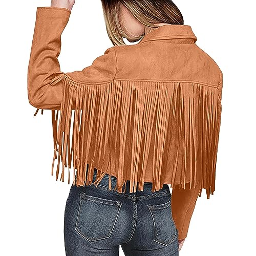 Veste en daim avec franges et pompons amples veste courte orange de mi-saison