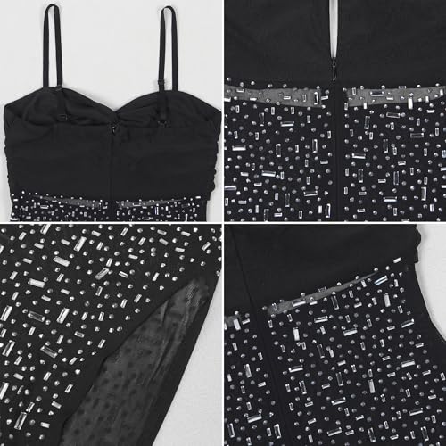 Image of Jigfar Women Sexy Elegant Rhinestone Mesh See Through Party Club Night Split Bodycon Formal Maxi Dress