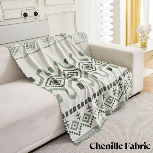 Image of HOMETHREADS Chenille Bohemian Boho Style Sofa Cover | Thick & Soft Luxury Slipcover | Protective, Washable & Stylish Couch Cover for Living Room Decor. (Bohemian Green, 3 Seater | 180x180cm)