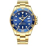 Swiss Luminous Submariner Watch Men's Automatic Mechanical Watch Fashion Gold Stainless Steel Waterproof Calendar Watch (Blue-Gold)