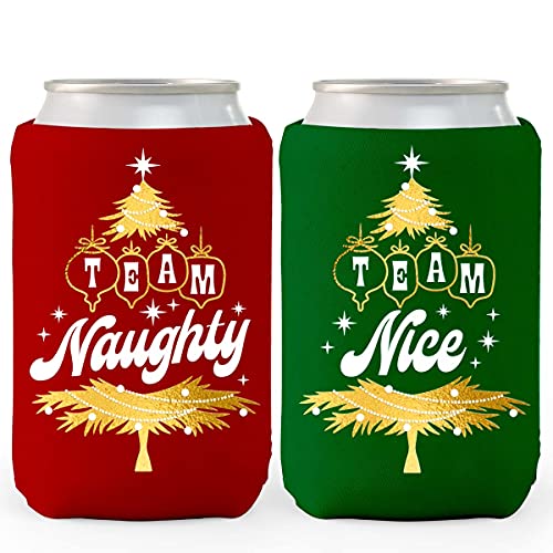 xo, Fetti Christmas Neoprene Drink Holders - 12 Count | Team Naughty + Nice, Xmas Party Favors, Holiday Gifts, Red, Green + Gold