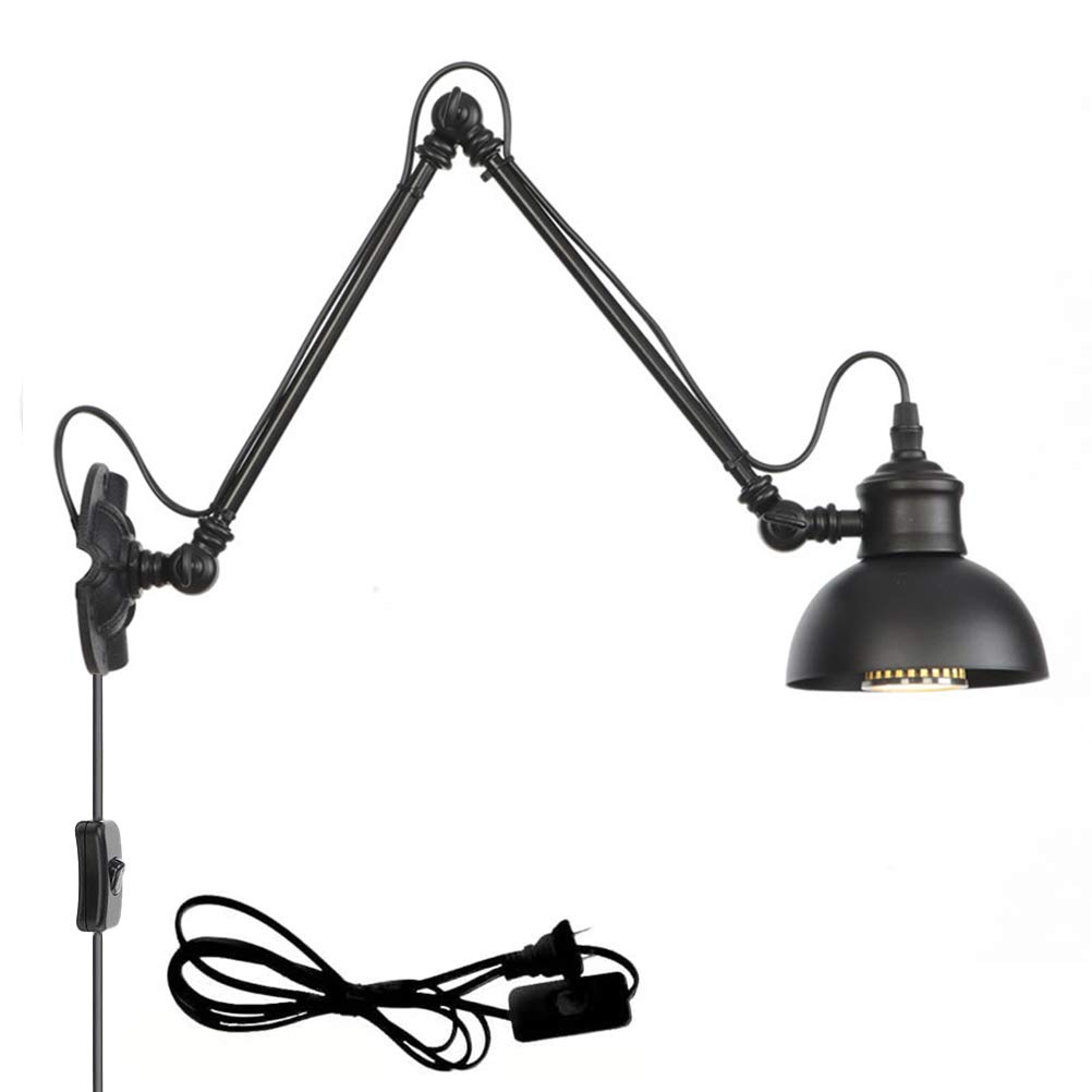 Schwarz Industrial Wandleuchte mit Schalter Retro Innen E27 Wandlampe Wohnzimmer Wand-Leselampen Verstellbar Metall Langer Arm 30+30cm, 1,8 m Kabel mit EU Stecker, für Schlafzimmer Bettseite Büro