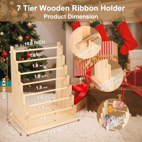 Image of Wooden Ribbon Organizer Rack,Large Capacity Ribbon Holder, Ribbon Spool Holder Stand, Washi Tape Storage Organizer, Wooden Sewing Organizer Display Shelf for Craft Room,Cake Shop,Flower Store (7 Tier)