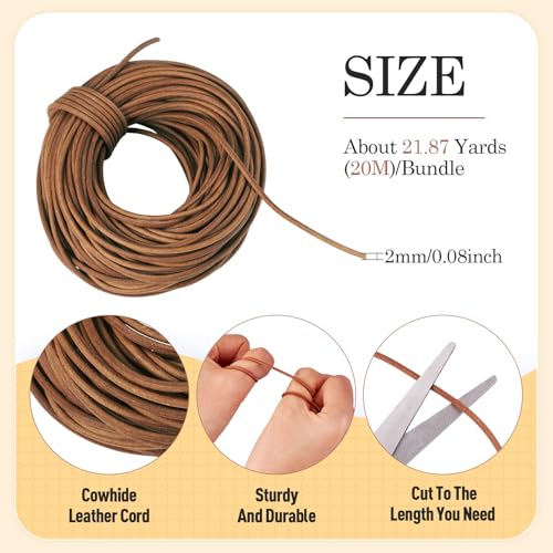Cordon en cuir de vache rond 2mm marron clair pour création bijoux 20m