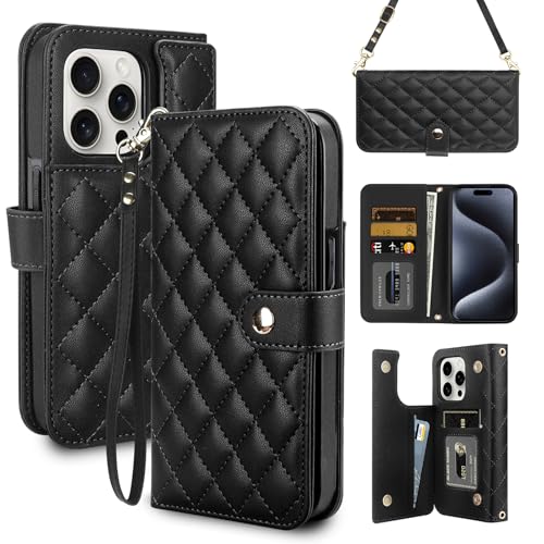 Vofolen for iPhone 15 Pro Case Wallet with Card Holder Crossbody Wrist Strap Leather Case with Magnetic Clasp Kickstand Heavy Duty Protective Wallet Phone Case for iPhone 15 Pro for Women, Black by Vofolen - Used condition - US$16.49