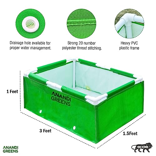 Image of Anandi Green's HDPE UV Protected 360 GSM Green Color Rectangular Plants Grow Bags Suitable for VegetableTerrace Gardening with PVC Pipe Support (3Lx1.5Wx1H Fit) Pack of 1
