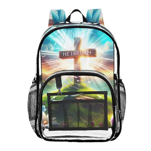 Easter Cross He is Risen Travel Clear Backpack Floral Kids Backpack for Girls Large Transparent School