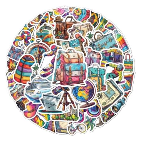 Pack 50 Pcs Travel Stickers for Water Bottles Funny Laptop Cups Scrapbooking Luggage Suitcase Planner Teens Kids Girls Boys Adults Waterproof Aesthetic Sticker Small Vinyl Decals Cover