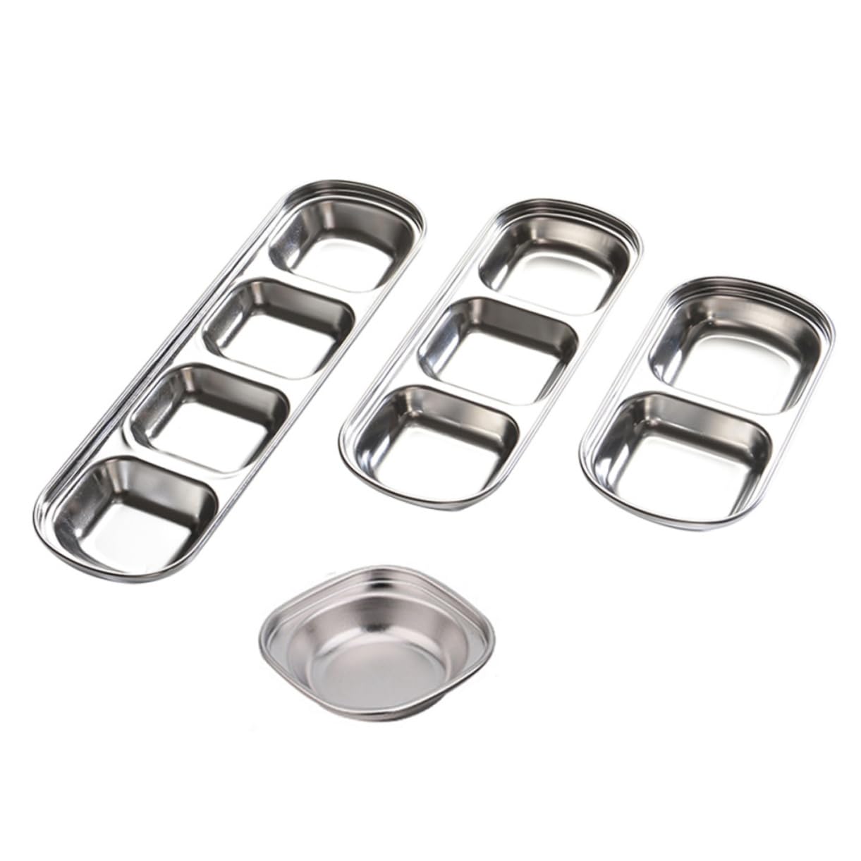 Unomor 4pcs Compartment Dip Plate Soy Sauce Dipping Bowl Compartment Appetizer Serving Tray Seasoning Sauce Plate Seasoning Plate Soy Sacue Compartment Cups Vinegar Stainless Steel Silver