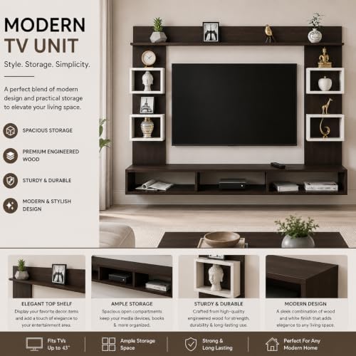 Image of FURNEASER Martin Modern Wall Mount TV Unit for Living Room Wooden Entertainment Center with Storage Shelves Modern TV Panel Stand Showcase for Up to 43 Inch Media Console Cabinet (Wenge & White)