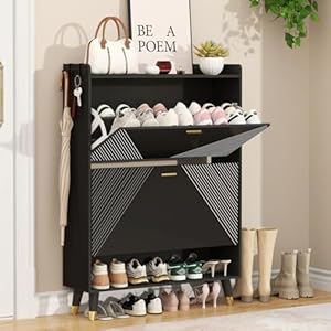 Shoe Storage Cabinet with 2 Flip Drawers Slim Wooden Freestanding Shoe Cabinet with Coat Hooks Cubby and Shelf Hidden Narrow Shoes Rack Organizer for Entryway Hallway Holds 24 Pairs Black