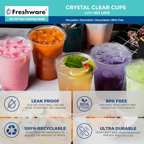 Image of Freshware Clear Plastic Cups with Strawless Sip Lids [100 Cups - 12 oz] Disposable Cup for Iced Coffee, Smoothie, Milkshake, Cold Drinks