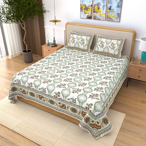 Image of India 100% Pure Cotton Jaipuri Printed Double Bedsheet with 2 Pillow Covers | Traditional Sanganeri Floral Design | Soft Breathable Fabric | King Size Bedsheet for Bedroom (Kaya51)